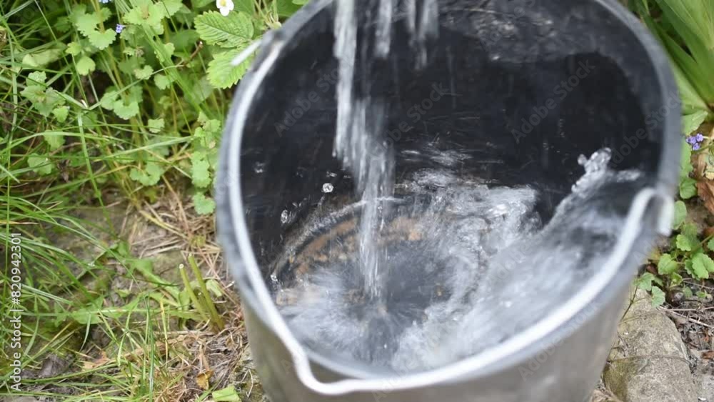 The bucket is filled with water. View from above. The bucket is filled with water. View from above.