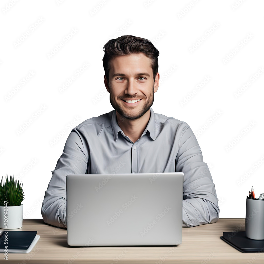 male manager sits at the table with a laptop and smiles. businessman sitting at his desk in png format male manager sits at the table with a laptop and smiles. businessman sitting at his desk in png format