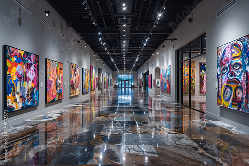 Modern Art Gallery Interior with Wide Array,
Exclusive art gallery opening featuring prominent collectors
 photo