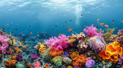 This mesmerizing underwater scene captures a vibrant and diverse coral reef bustling with numerous species of fish