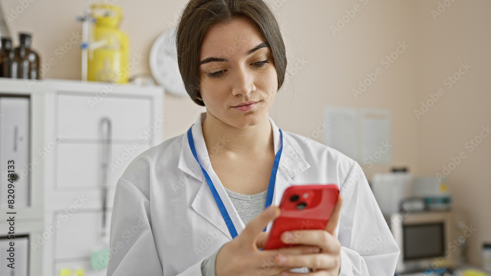 Hispanic woman in lab coat using smartphone in medical clinic Hispanic woman in lab coat using smartphone in medical clinic