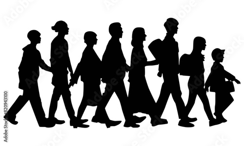 set of silhouettes of people walking side view. isolated on white background. graphic vector illustration.