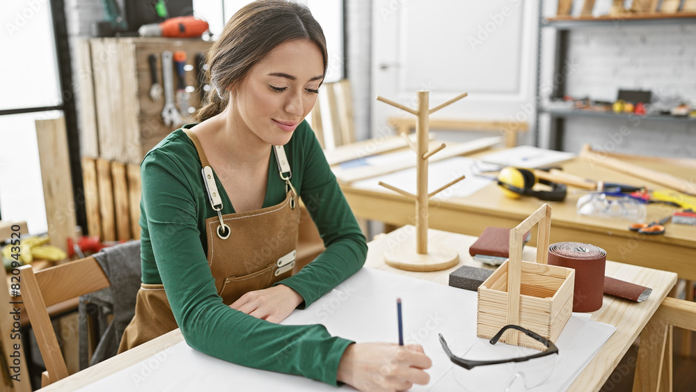 A woman sketches in a carpentry workshop surrounded by woodworking tools and safety equipment.
