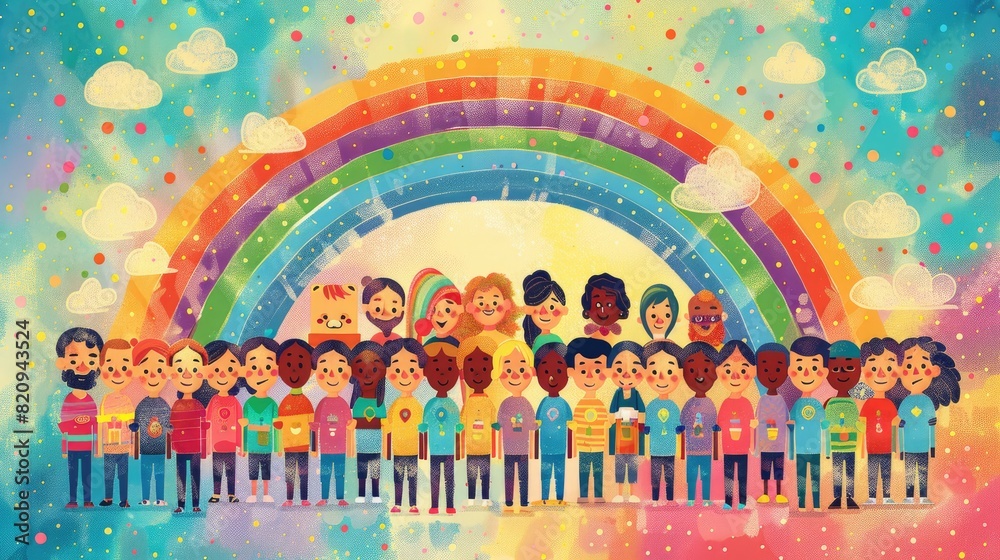 Obraz premium A colorful poster featuring an illustration of a rainbow arching across a sky filled with diverse, smiling faces, set against a pastel background, symbolizing pride and unity