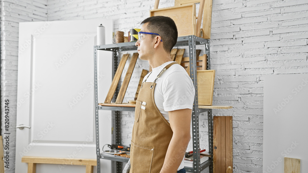 Hispanic man in apron standing thoughtfully in a well-organized carpentry workshop with wood shelves.