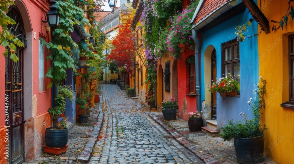Cobblestone street flanked by picturesque houses with colorful facades and blooming flowers in a European village