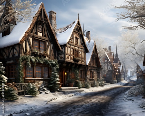 Beautiful winter landscape with wooden houses in the village. Panorama