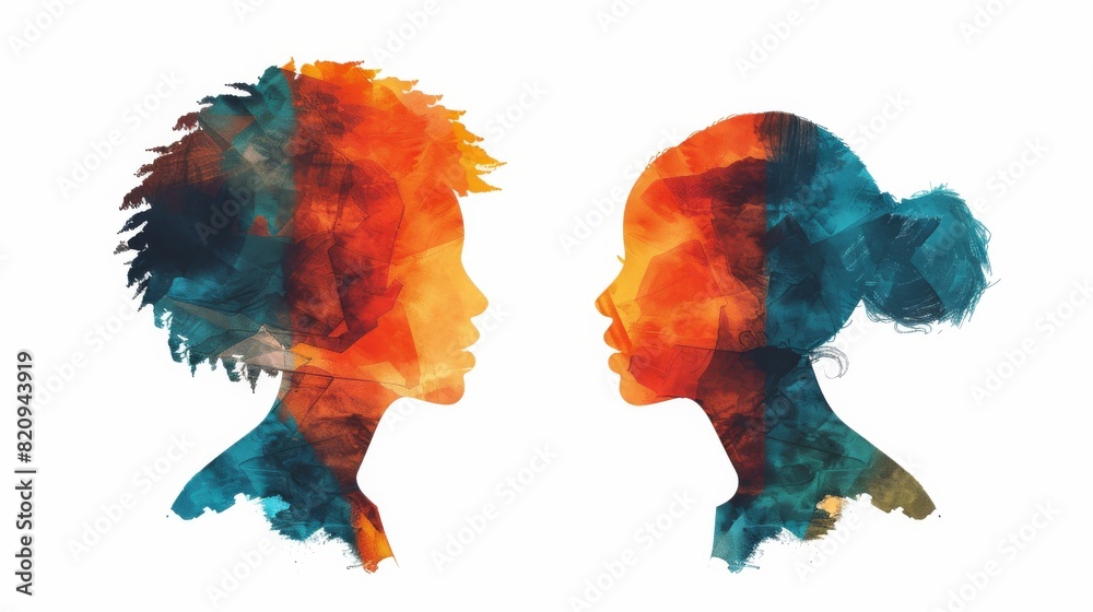 Two silhouetted profile faces with colorful watercolor textures facing a blank square in the middle with an artistic touch