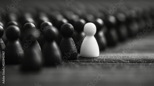 A single white pawn stands out among many black pawns in a striking monochromatic image