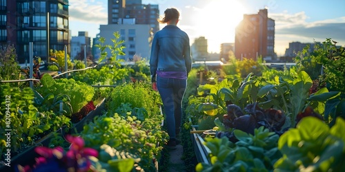 A figure in a rooftop garden blending urban life with sustainability. Concept Cityscape Sustainability, Urban Gardening, Rooftop Integration, Green Spaces Integration