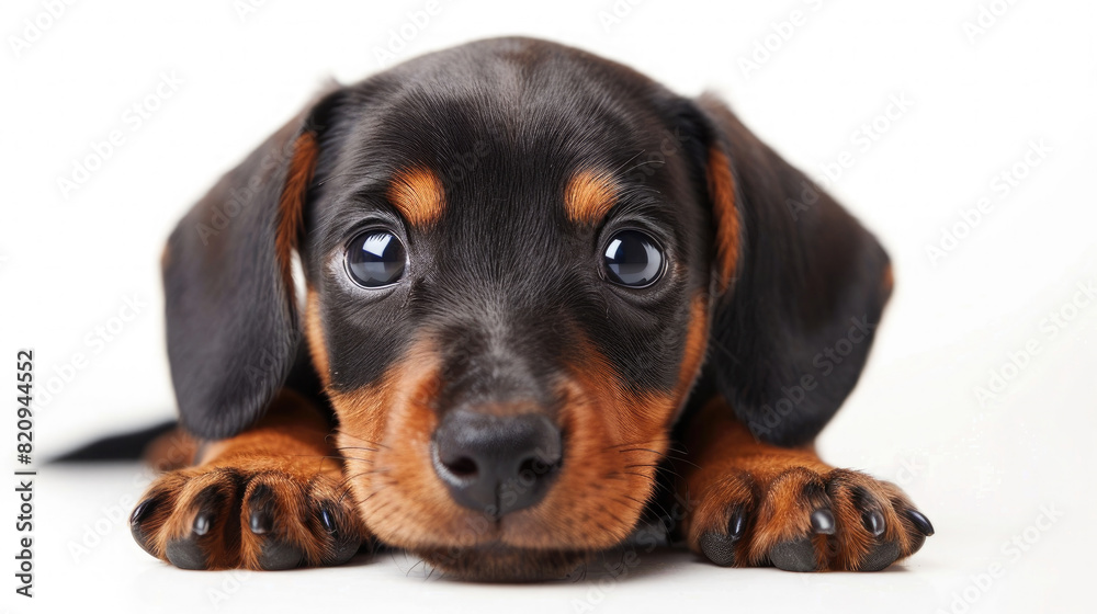Front view of a cute brown black Dachshund puppy dog sitting lying down isolated on a white background Front view of a cute brown black Dachshund puppy dog sitting lying down isolated on a white background