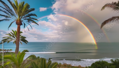 perfect tropical ocean view splitted by waterline to two part shorebreak breaking surfing wave palms and clouds in daylight with colorful rainbow photo