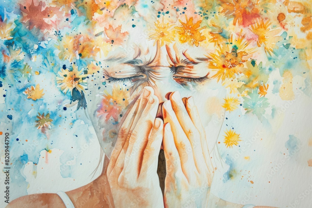 Fototapeta premium Pollen Allergy Attack Depicted in Watercolor Illustration