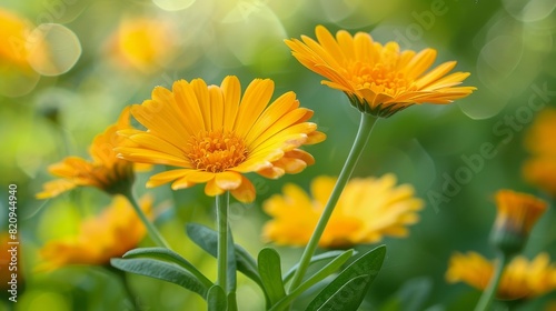 Close-up of orange calendula flowers in a sunny garden with soft bokeh background © Oskar