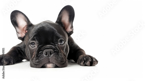 Front view of a cute French Bulldog puppy sitting lying down isolated on a white background