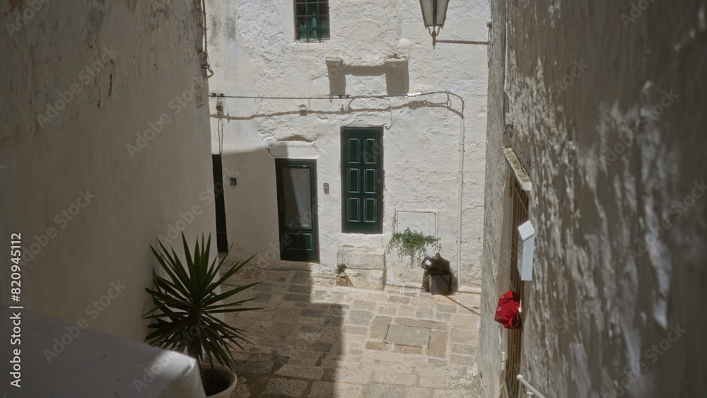 Naklejka premium A quiet alley in ostuni, puglia, italy, with whitewashed walls, green doors, a potted plant, and cobblestone path, highlighting the charm of european architecture and mediterranean ambiance.