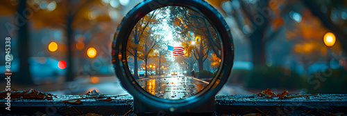 An American flag seen through a pair of binoculars at a Memorial Day service, creating a vignette effect to symbolize focus and reverence