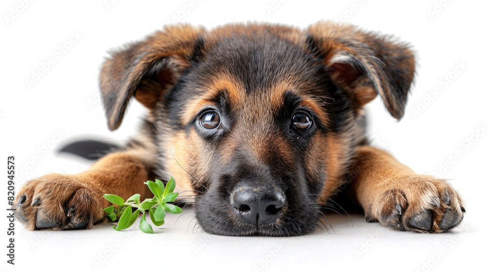 Front view of a cute German Shepherd puppy dog sitting lying down isolated on a white background Front view of a cute German Shepherd puppy dog sitting lying down isolated on a white background