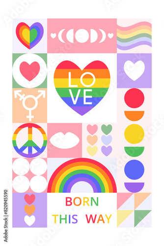 Trendy bright celebration card of Pride Month. Modern simply design in geometric style. Stylized shapes of hearts, rainbow, lips, LGBT symbols. Creative concept for poster, banner, branding, cover.