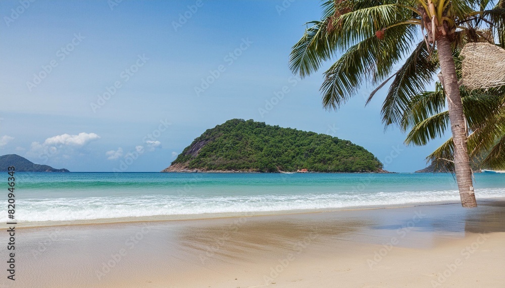 sandy tropical beach with island on background