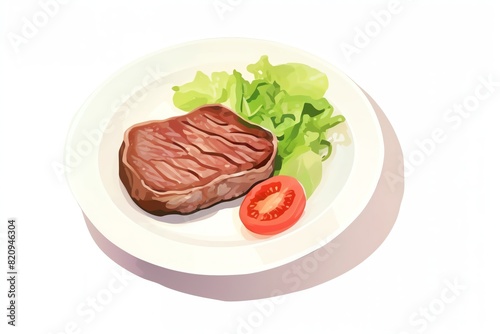 A plate of steak, tomato and salad.