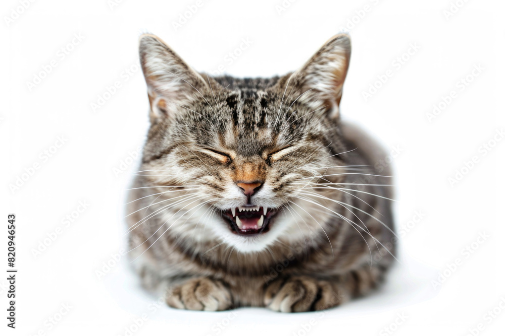 A cat with a wide grin, looking mischievous, isolated on a white background