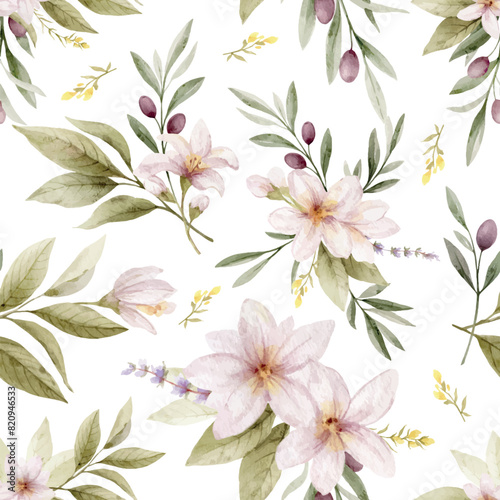 Watercolor vector seamless pattern with olives and green foliage. Hand painted botanical illustration. Design for wrapping paper, textile, print, fabric, background. © ElenaMedvedeva