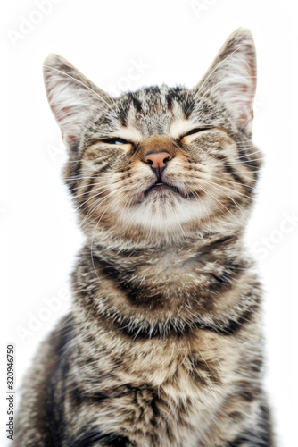 A cat with a wide grin, looking mischievous, isolated on a white background © Venka