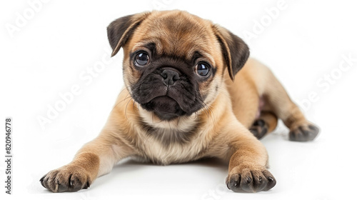 Front view of a cute brown Pug puppy dog sitting lying down isolated on a white background