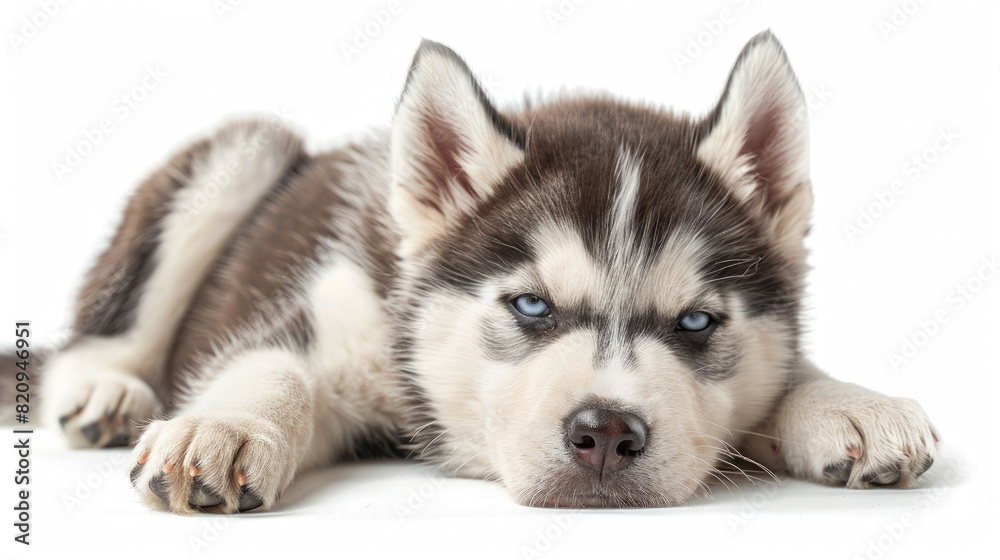 Front view of a cute Siberian Husky puppy sitting lying down isolated on a white background Front view of a cute Siberian Husky puppy sitting lying down isolated on a white background