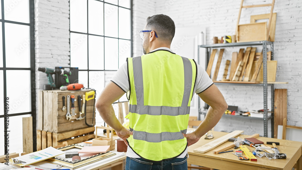 Back view of a young hispanic man with safety vest and glasses in a bright carpentry workshop. Back view of a young hispanic man with safety vest and glasses in a bright carpentry workshop.