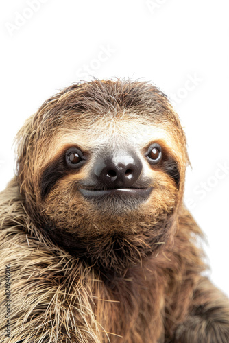 A sloth with a gentle smile, looking content, isolated on a white background