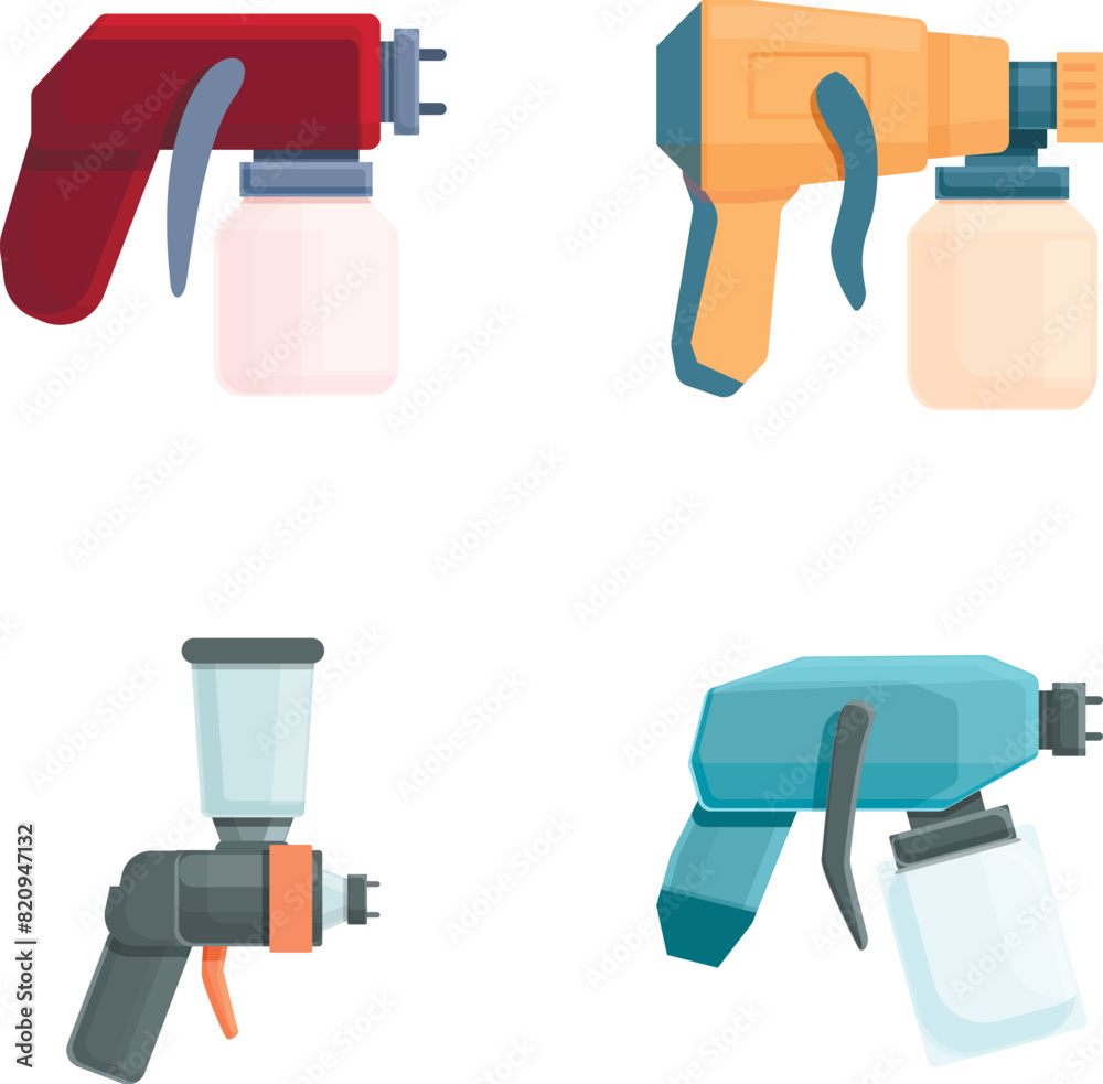Spray gun icons set cartoon vector. Pistol pulverizer with nozzle. Industrial and artistic painting