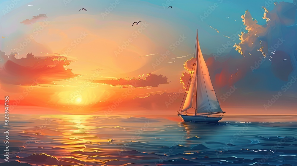 Serene Sunset Scene with Sailboat and Bird
