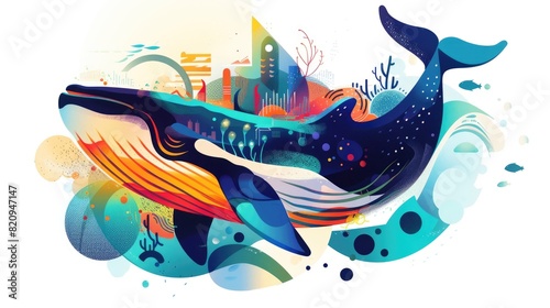 Vibrant Ocean Scene Featuring Leaping Blue Whale
