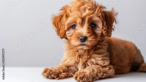 Front view of a cute light brown poodle puppy sitting lying down isolated on a white background © AstraNova