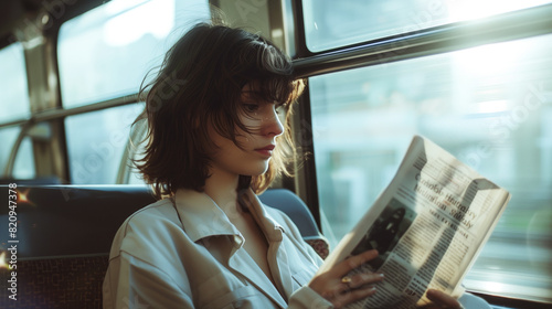 A woman immersed in reading a newspaper while seated on a train