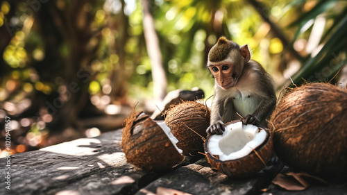 Baby monkey with coconuts on a wooden table in a tropical setting. Outdoor photograph with natural lighting. Wildlife and nature interaction concept. Design for poster, greeting card, invitation photo