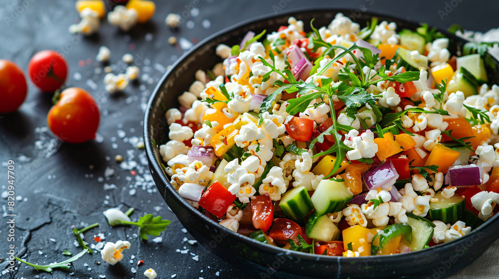 Dish with tasty popcorn salad closeup