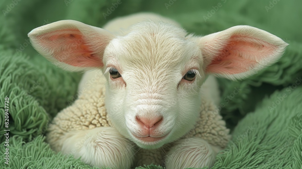 Fototapeta premium Serene White Lamb on Green Felt