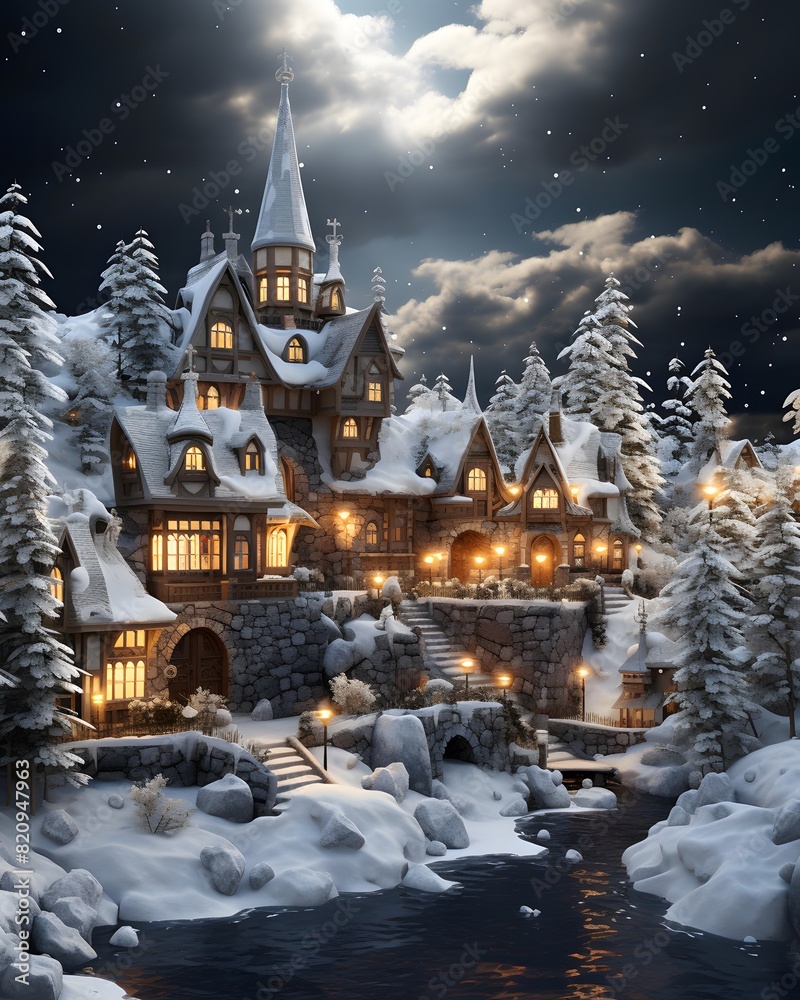 Fairy tale castle in a snowy forest at night. 3d rendering