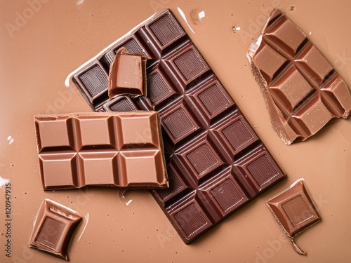 op view of a chocolate bar and pieces on a melting liquid milk chocolate background, in a flat lay. A flat lay top down view of a chocolate bar with broken creamy pink milk chocolate pieces. 