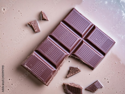 op view of a chocolate bar and pieces on a melting liquid milk chocolate background, in a flat lay. A flat lay top down view of a chocolate bar with broken creamy pink milk chocolate pieces. 