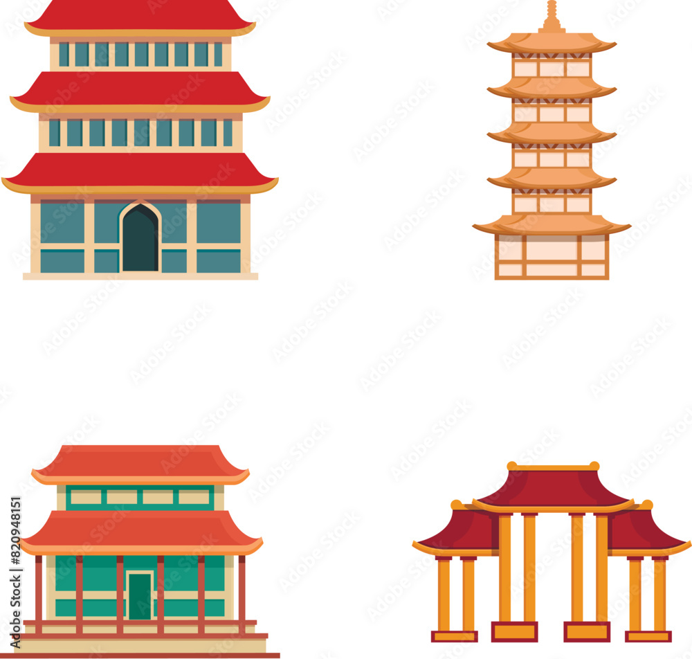 Chinese building icons set cartoon vector. Asian traditional pagoda. Oriental ancient architecture