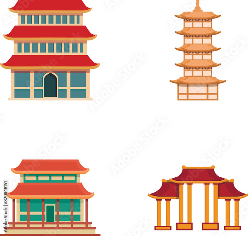 Chinese building icons set cartoon vector. Asian traditional pagoda. Oriental ancient architecture