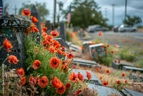 Tombstones adorned with red poppies and American flags on Memorial Day, to show the breadth of the tribute and the unity in remembrance, creating a powerful visual statement