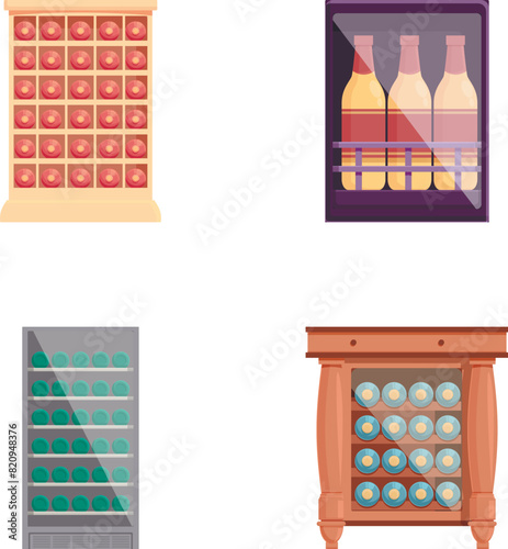 Wine cabinet icons set cartoon vector. Wine bottle inside wooden cabinet. Cellar equipment