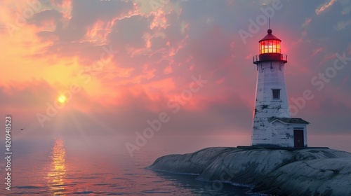 Rustic old lighthouse at dusk, standing tall as a beacon of guidance for mariners, with a serene and nostalgic atmosphere, symbolizing safety and hope