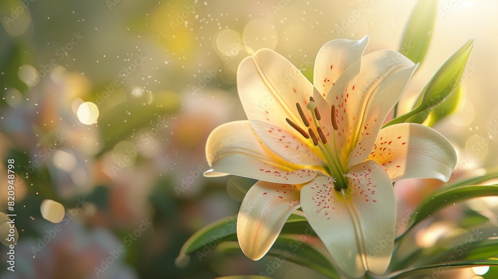 Fototapeta premium Bright capture of blooming lily in a dreamy light-filled setting.