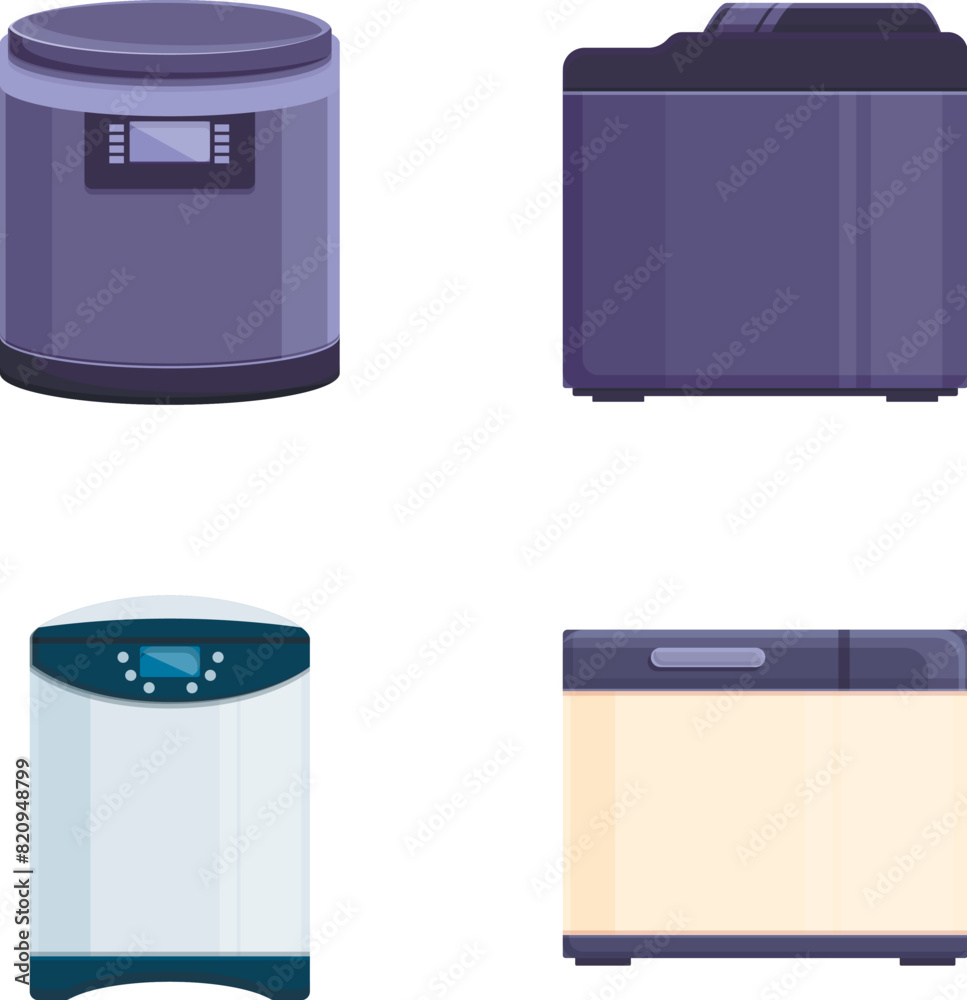 Bread maker icons set cartoon vector. Modern kitchen breadmaker appliance. Food cook home Bread maker icons set cartoon vector. Modern kitchen breadmaker appliance. Food cook home